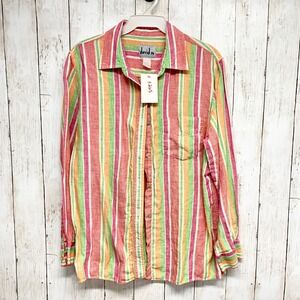 David N. Striped Button Down Shirt Women Sz L Pink Green Orange Multi Linen Mix